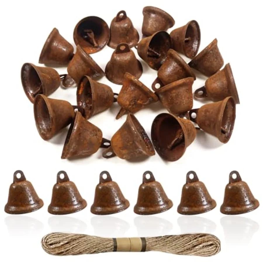 TOAOB 20pcs Craft Bells Vintage Jingle Bells Tiny 1.7x1.5 inch with 1 Roll Hemp Rope for Hanging Wind Chime Making Dog Training