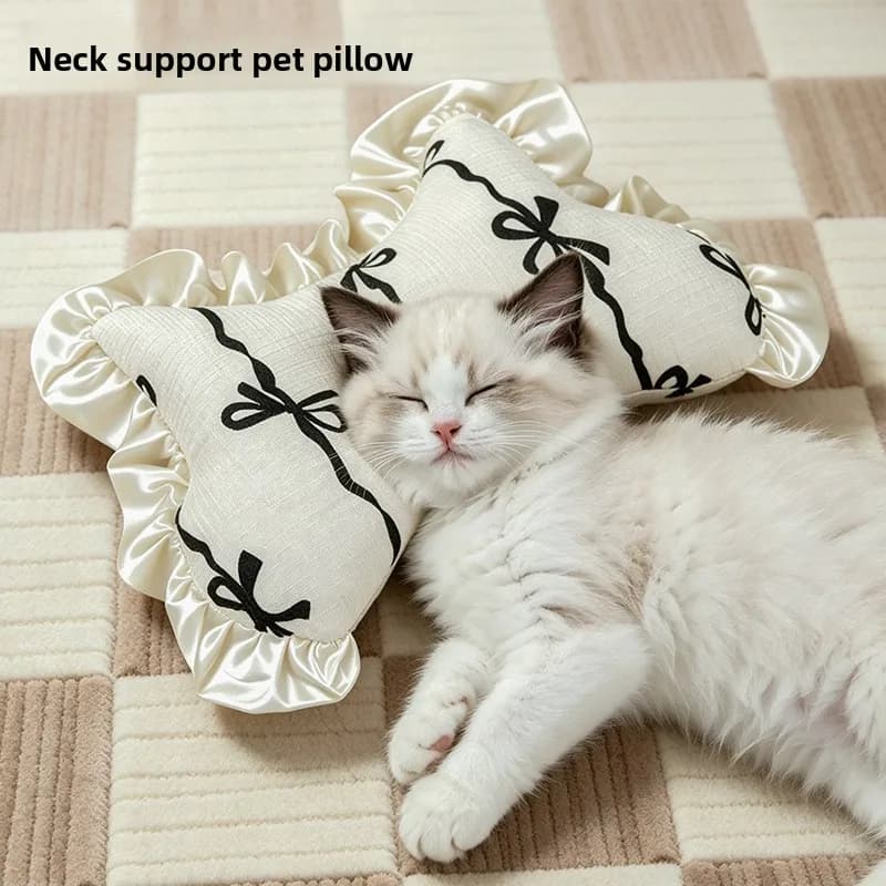 Cat Pillow for Kittens, Cream-Colored with Bow and Lace, Pet Nest Cushion, Dog Sleeping Pad, Thick and Plump Sleeping Pillow
