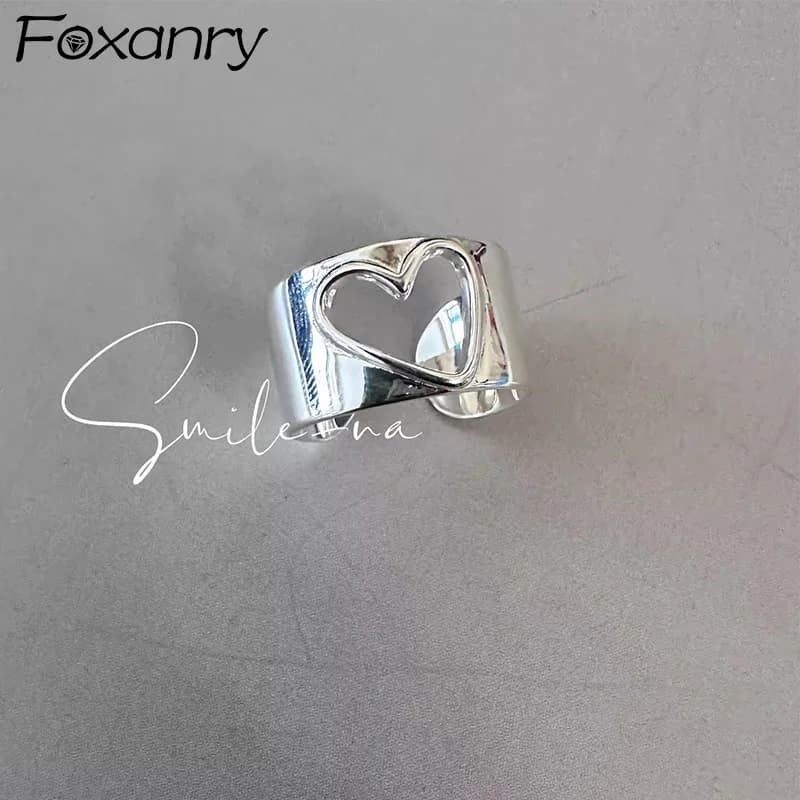 Foxanry Hollow Love Heart Anelli larghi per donne Coppie Moda coreana Creativo Semplice Classico Elegante Regali per gioielli per feste quotidiane