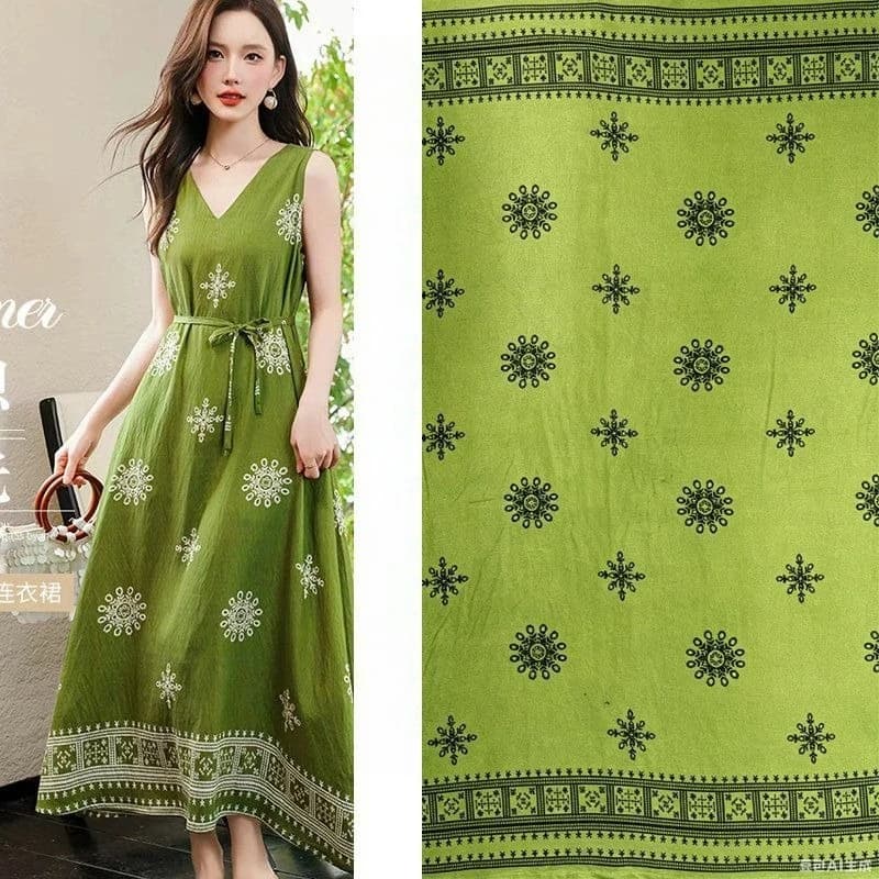 Floral Printing Rayon Fabric By The Meter for Clothing Dress Skirt Pants Shirt Pajamas DIY Sewing Cloth Breathable Soft Green