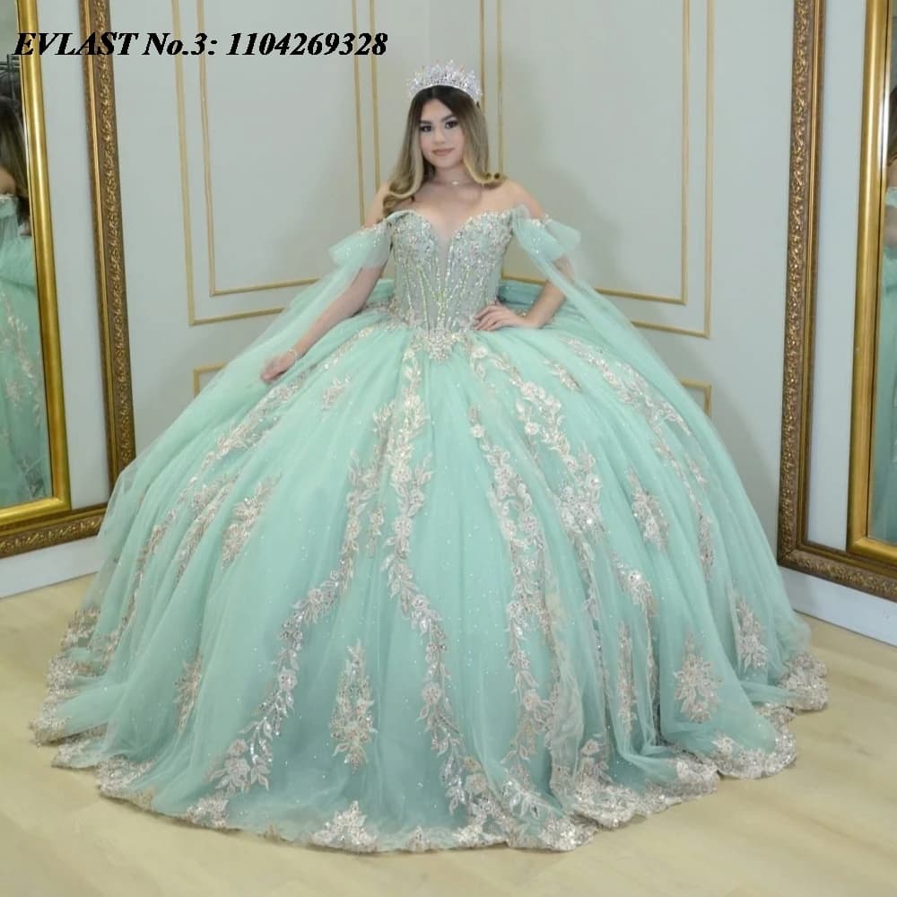 EVLAST Personalizzato Glitter Menta Abito Quinceanera Abito di Sfera Oro Applique di Pizzo Che Borda Arco Dolce 16 Abiti Da 15 Anos E3Q763