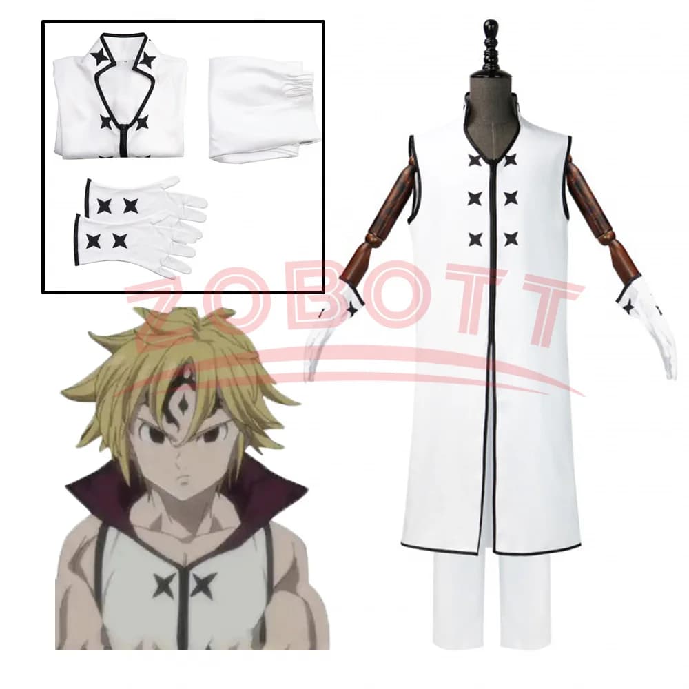Anime Seven Deadly Sins Meliodas Cosplay Costume Dragon'S Of Wrath Wig White Sleeveless Uniform Robe Man Woman Halloween Suit