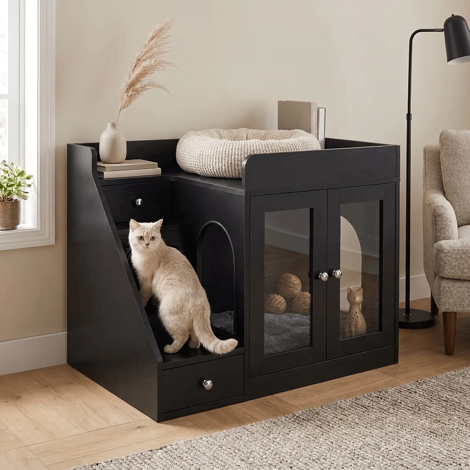 Mobili per lettiera per animali domestici con luci, tavolino laterale con cestino per rifiuti a scomparsa e due cassetti portaoggetti, casetta per gatti da interno