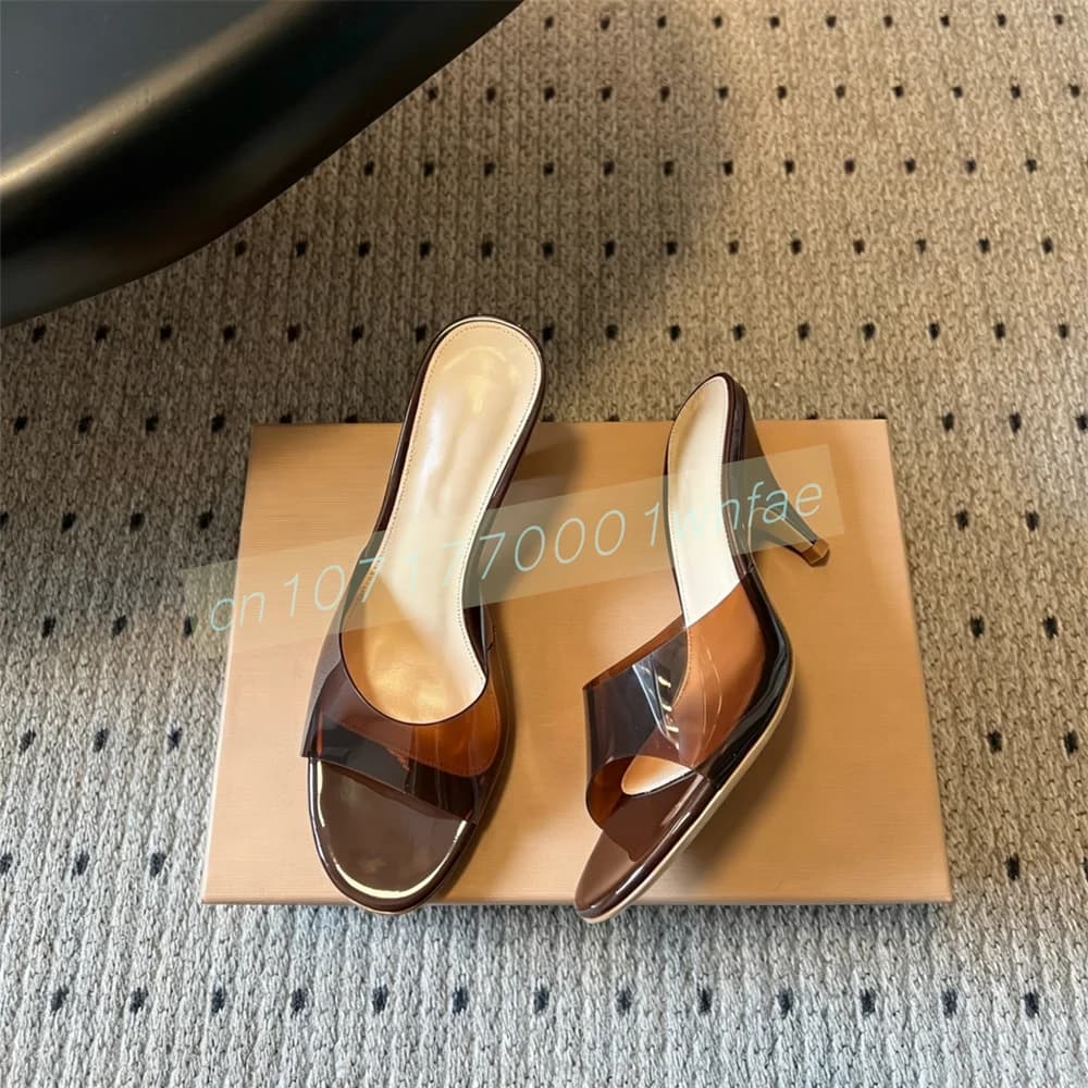Luxury Genuine Leather Mules Slides Women Clear Pvc Strap Open Toe 7.5cm Kitten Heel Slide Sandals Summer Party Daily Shoes 40
