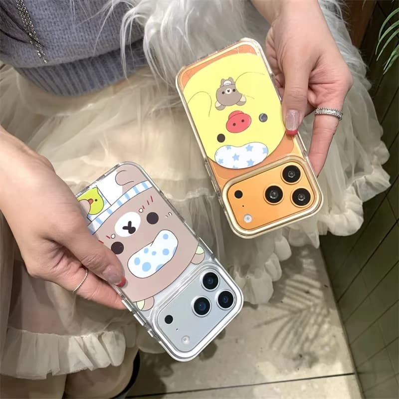 Cover per iPhone 17 Air 16 Pro Max 15 14 Plus 13 12 11 in Silicone Antiurto con Orsetto Kawaii e Pulcino Giallo
