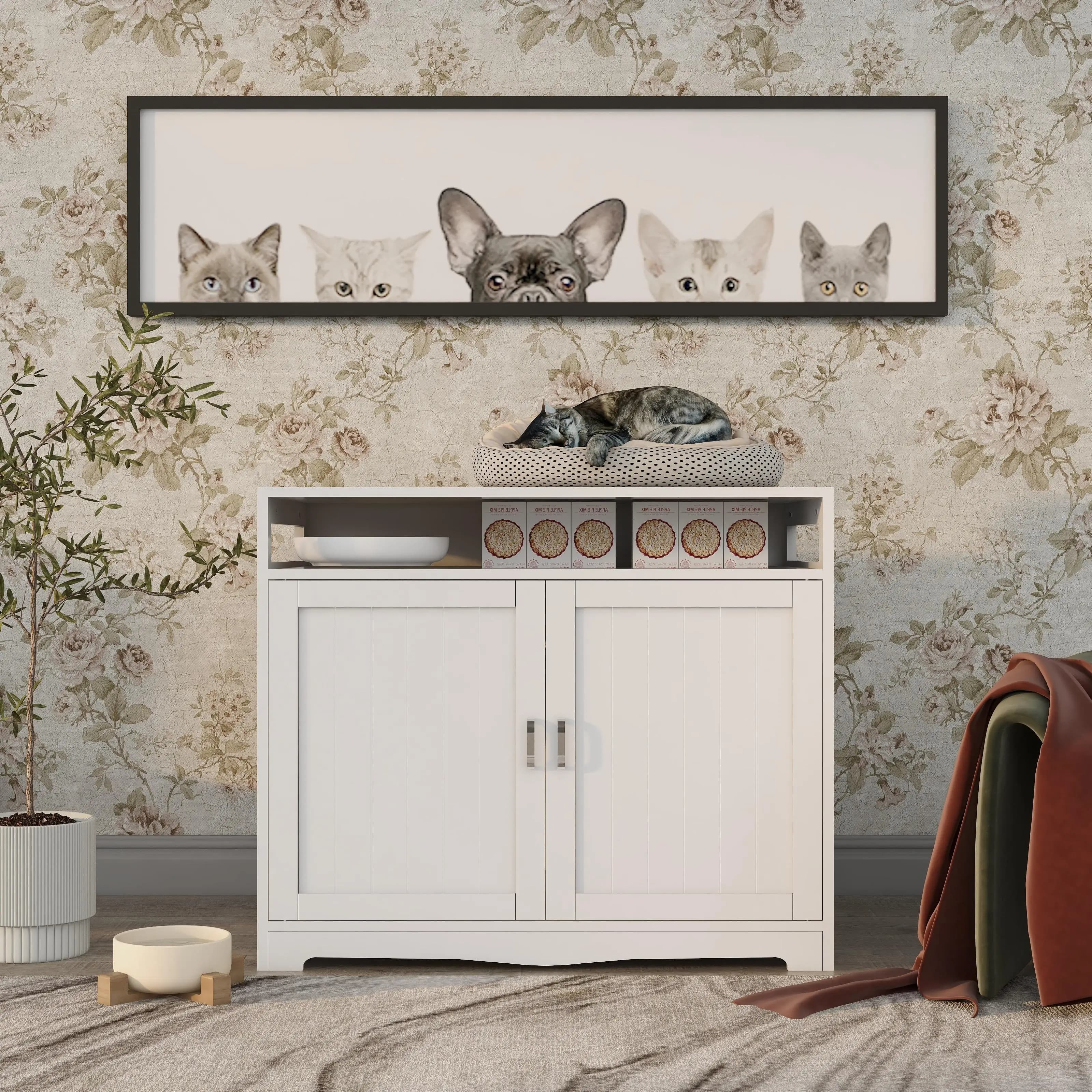White Wooden Cat Litter Box Enclosure 2 Doors Hidden Plug for Air Purifier 80lb Capacity