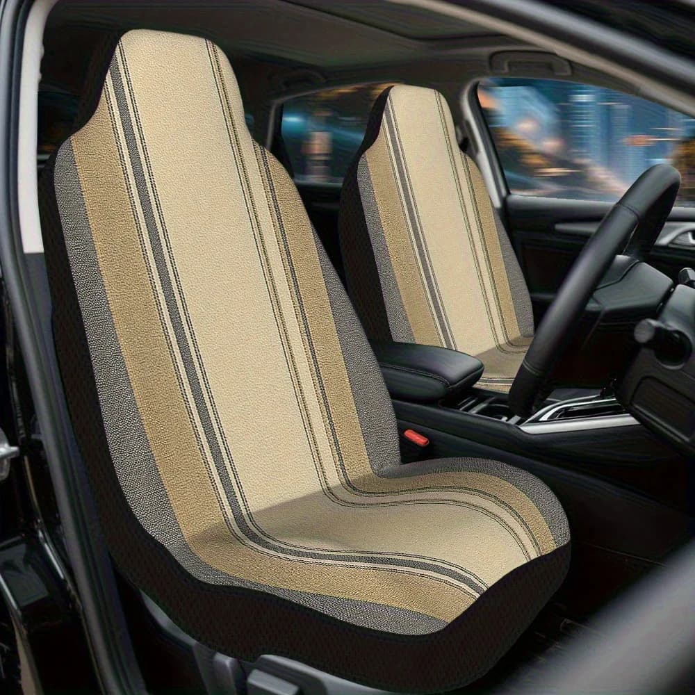 2 beige and grey striped car seat covers – suitable for cars, trucks, vans and SUVs | Durevoli protections for front seats | Easy to use