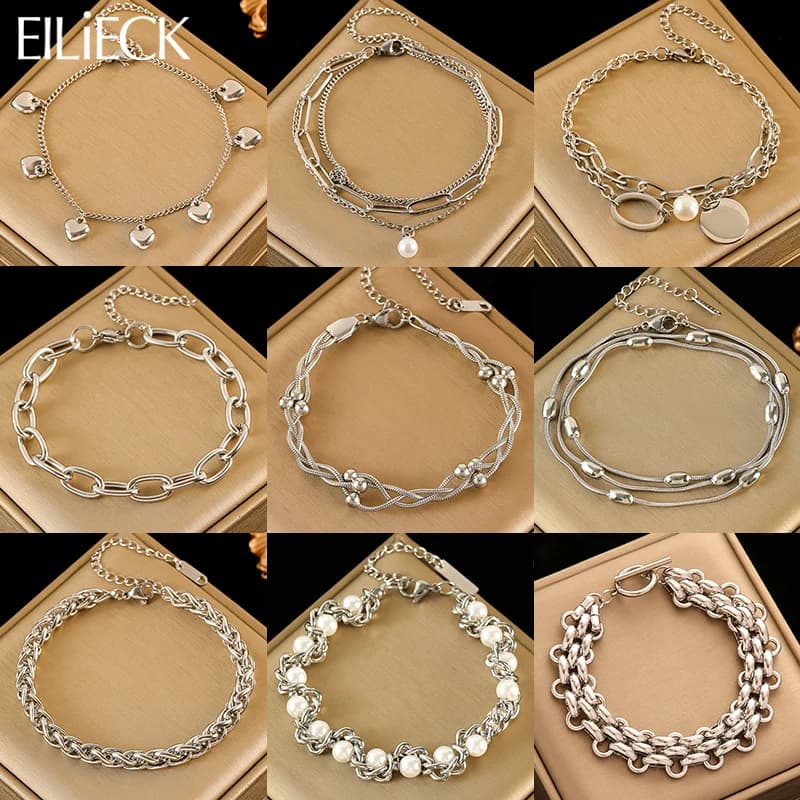 EILIECK 316L Stainless Steel Silver Color Chain Thick Bangle Bracelet Waterproof Jewelry Statement Metal Wrist Chain Girls Gift