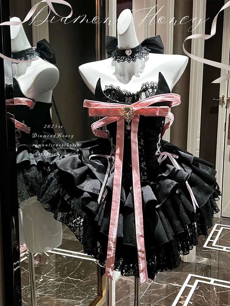 DH Design originale Sweet Girls Big Pink Bow Tie Abito carino Slim Sexy Princess Birthday Party Mini abito da ballo nero Vestido