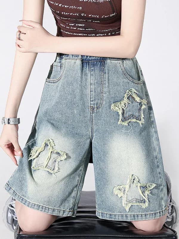 Jeans Skinny da Donna Taglie Forti con Ricamo a Stella, Vita Alta, Estivi, Sottili, con Elastico in Vita, Gamba Larga, Taglio Dritto, Shorts Trendy