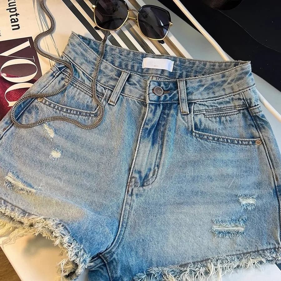 High Waist Denim Shorts Women's Distressed A-Line Loose Hot Pants Summer Fashion Leg Lengthening Cotton Blend Ladies Jeans