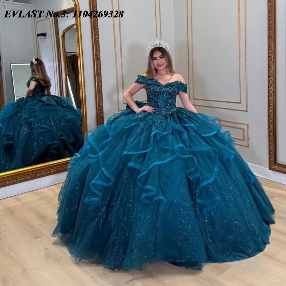 EVLAST Personalizzato 2025 Verde Abito Quinceanera Abito di Sfera Applique di Pizzo Che Borda Increspature Arco Dolce 16 Abiti Da 15 Anos E3Q759