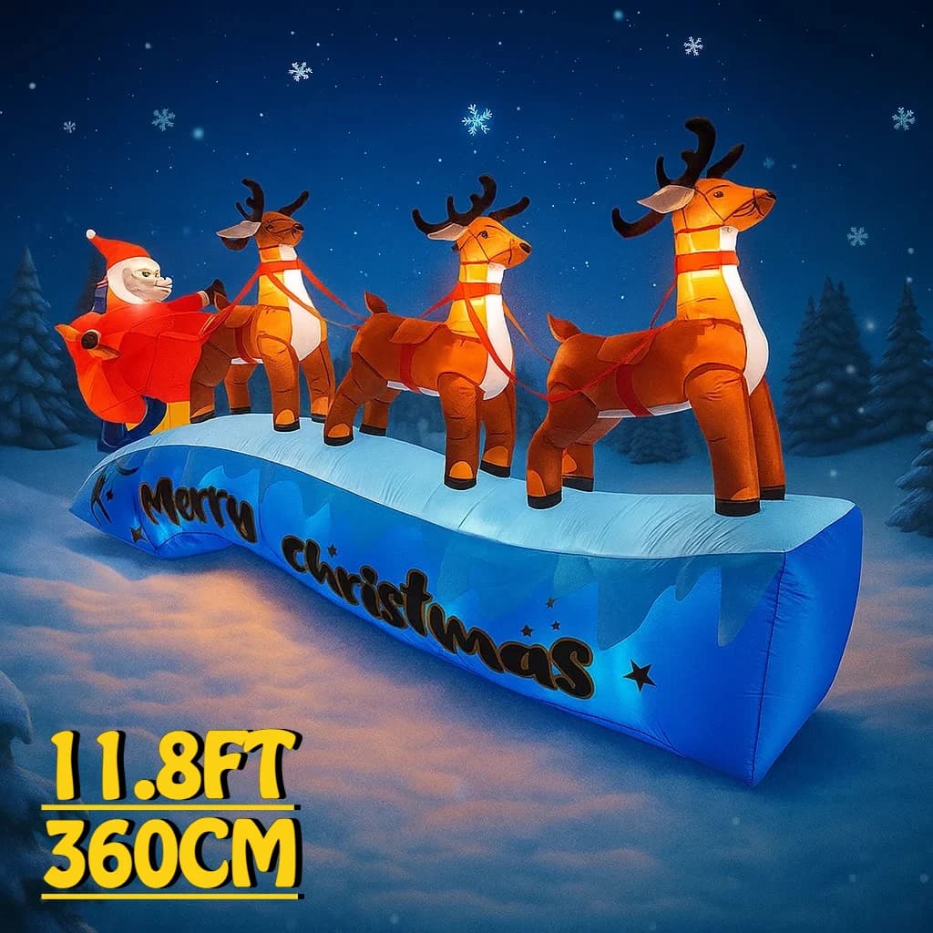 11.8FT Santa Claus Reindeer Sleigh Inflatable Christmas Decorations Xmas Ornaments Lights Outdoor Home Yard Holiday Party Toy