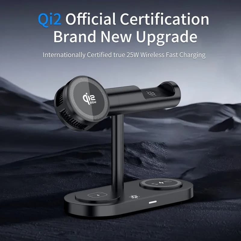 Qi2 25W 3-in-1 Magnetic Wireless Charger Stand Active Cooling Foldable for iPhone 17/16/15/14 Apple Watch AirPods
