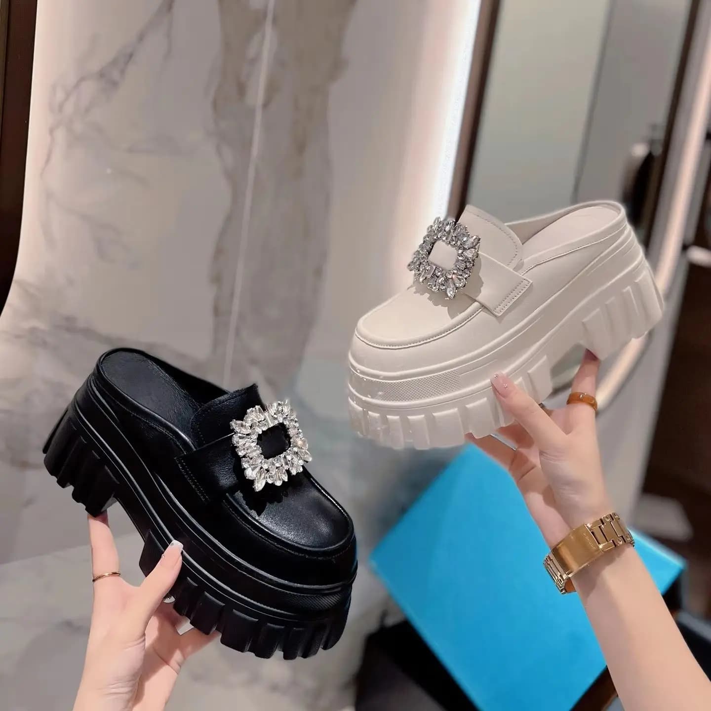 Women's Rhinestone Buckle Platform Mules Chunky Sole Slip-on Loafers Thick Bottom Casual Shoes Summer Outdoor Slipppers Crystal