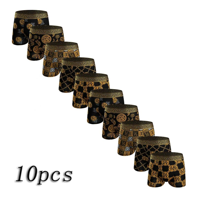 Set da 10 pezzi di boxer da uomo con stampa oro nero, biancheria intima estiva traspirante e confortevole, biancheria intima casual da uomo