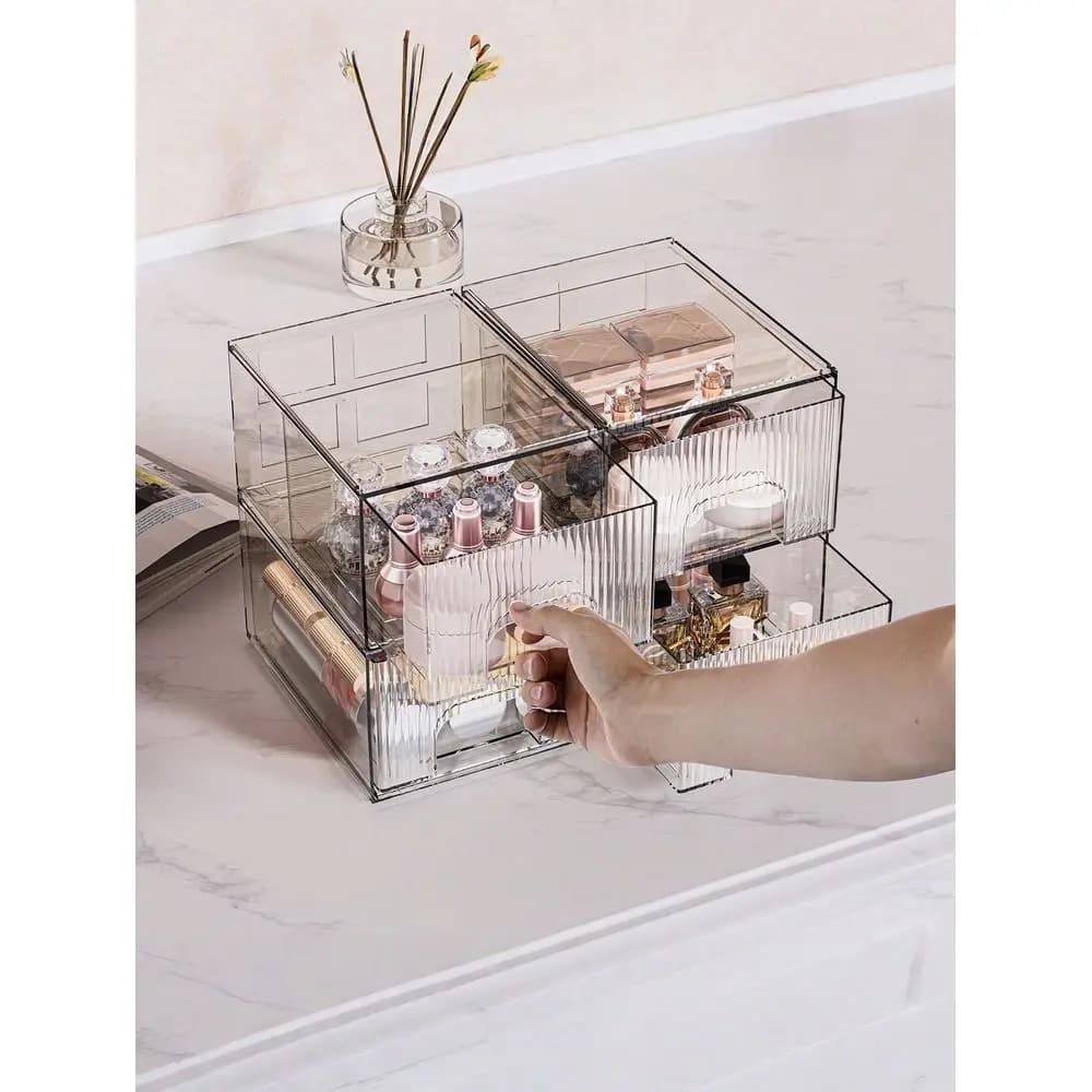 Organizzatore per Cassetti Impilabile, Scatola Portaoggetti per Trucchi, Contenitore in Acrilico, Organizer da Scrivania, Scatola Trasparente in Plastica