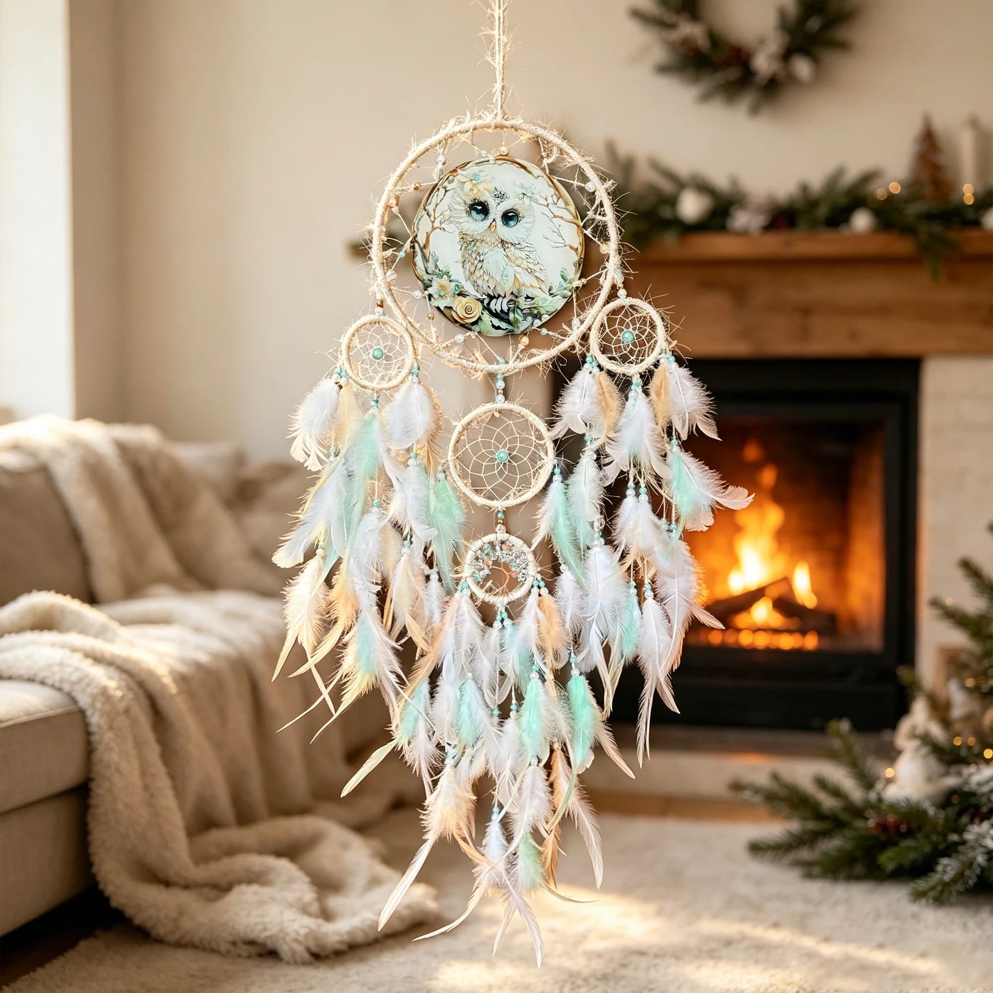Boho Owl Totem Dreamcatcher White Mint Feather Multi-ring Wall Hanging Door Pendants Handmade Home Bedroom Decor Holiday Gift