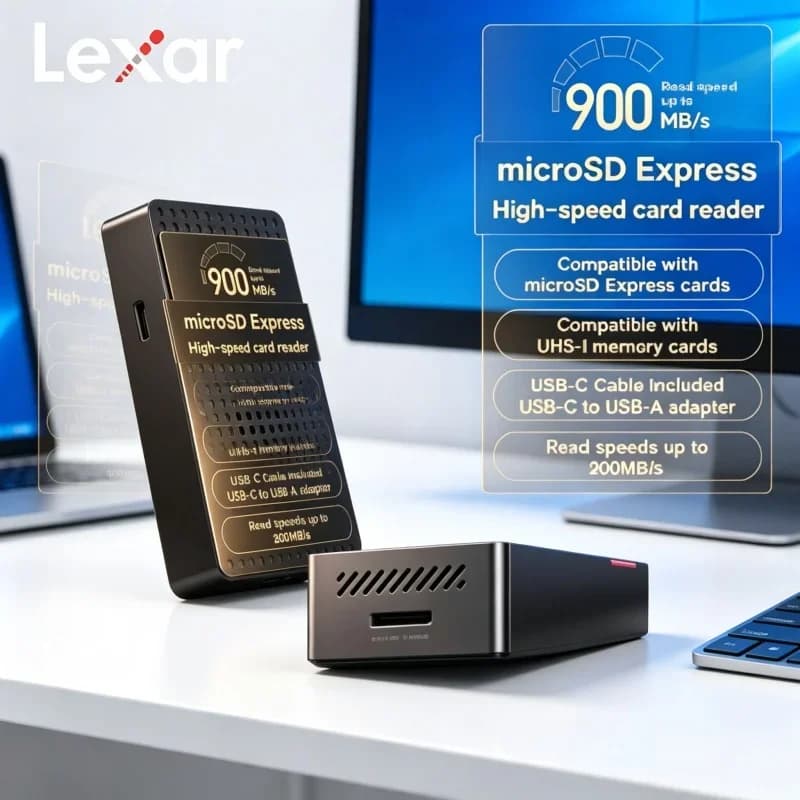 Multi‑Standard Compatible Lexar microSD Express Card Reader 900MB/s USB3.2 Built‑in Cooling Fan For UHS‑I UHS‑II TF Memory Card