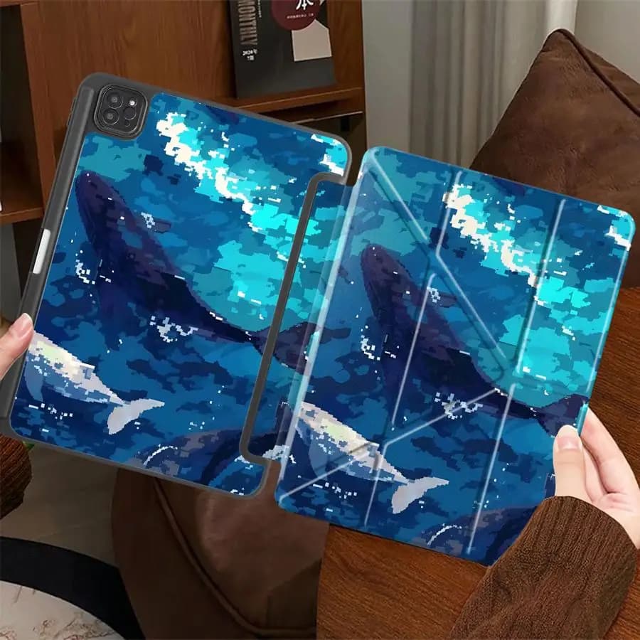 Custodia per Tablet iPad Air 4 5 M3 M2 M4 11 pollici Mini 6 7 Pro 2025 Pro 11a 10a 9a 8a 7a generazione 12.9 pollici con Supporto, Design Cartone Animato Oceano