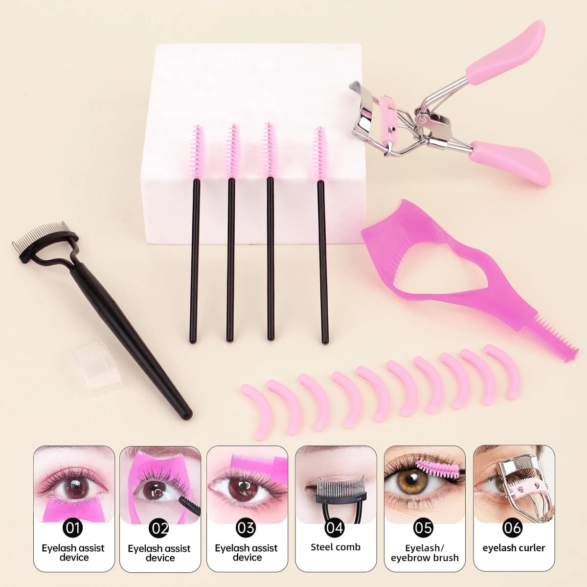 Combined set of creaking with pink comb, quickly creates curly eyelashes, easy to carry, set of beauty tools, for men and women.