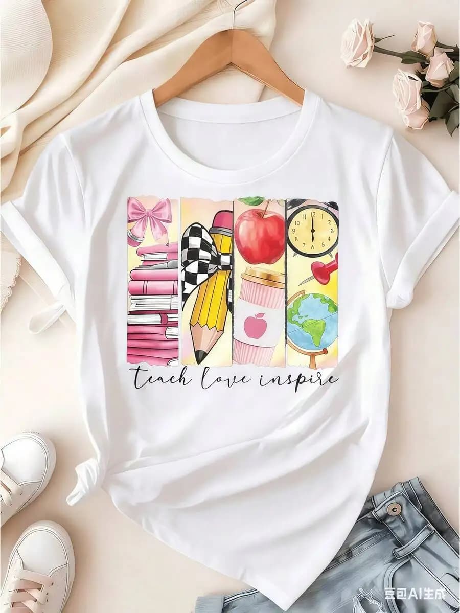 Vacation‑Vibe Women Short‑Sleeve T‑Shirt Crew Neck Beach Postcard Pattern Print Cream Summer Daily Wear Tops