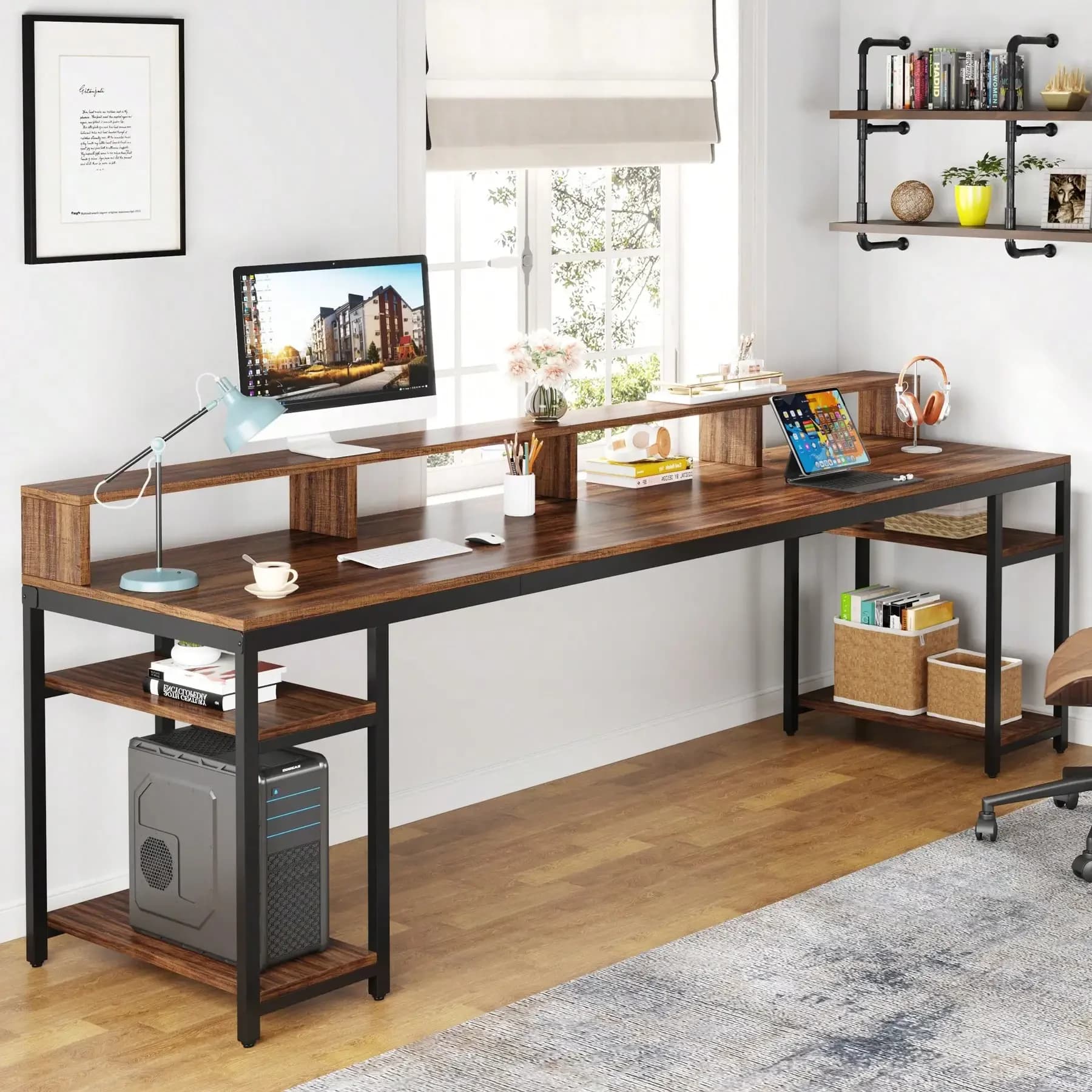 Scrivania per due persone con supporto per monitor, scrivania doppia per computer da ufficio lunga 78,74 pollici con ripiani portaoggetti, scrivania grande per gaming