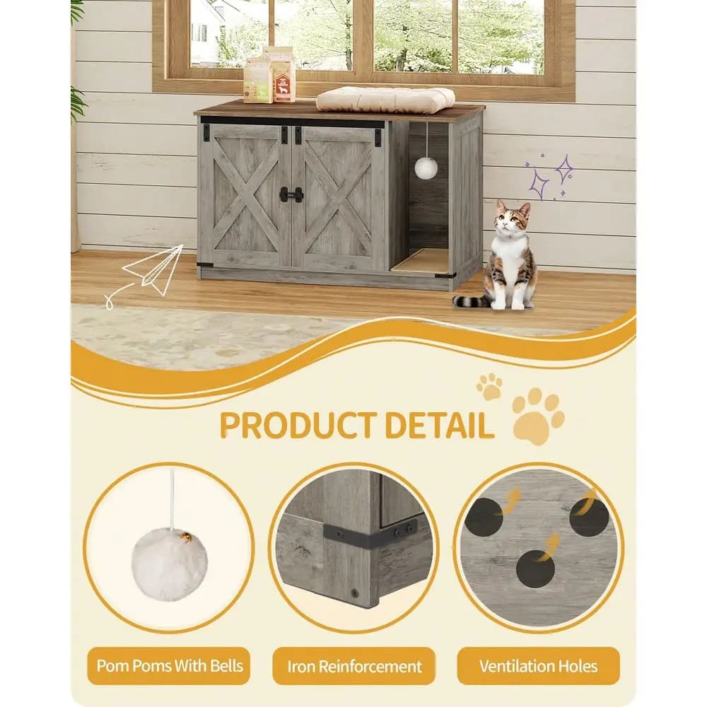 Mobiletto per Lettiera Gatti, Armadio Nascosto per Lettiera con Campanello, Casetta per Gatti da Interno, Stile Rustico, 39.4 X 21.7 X 24.8