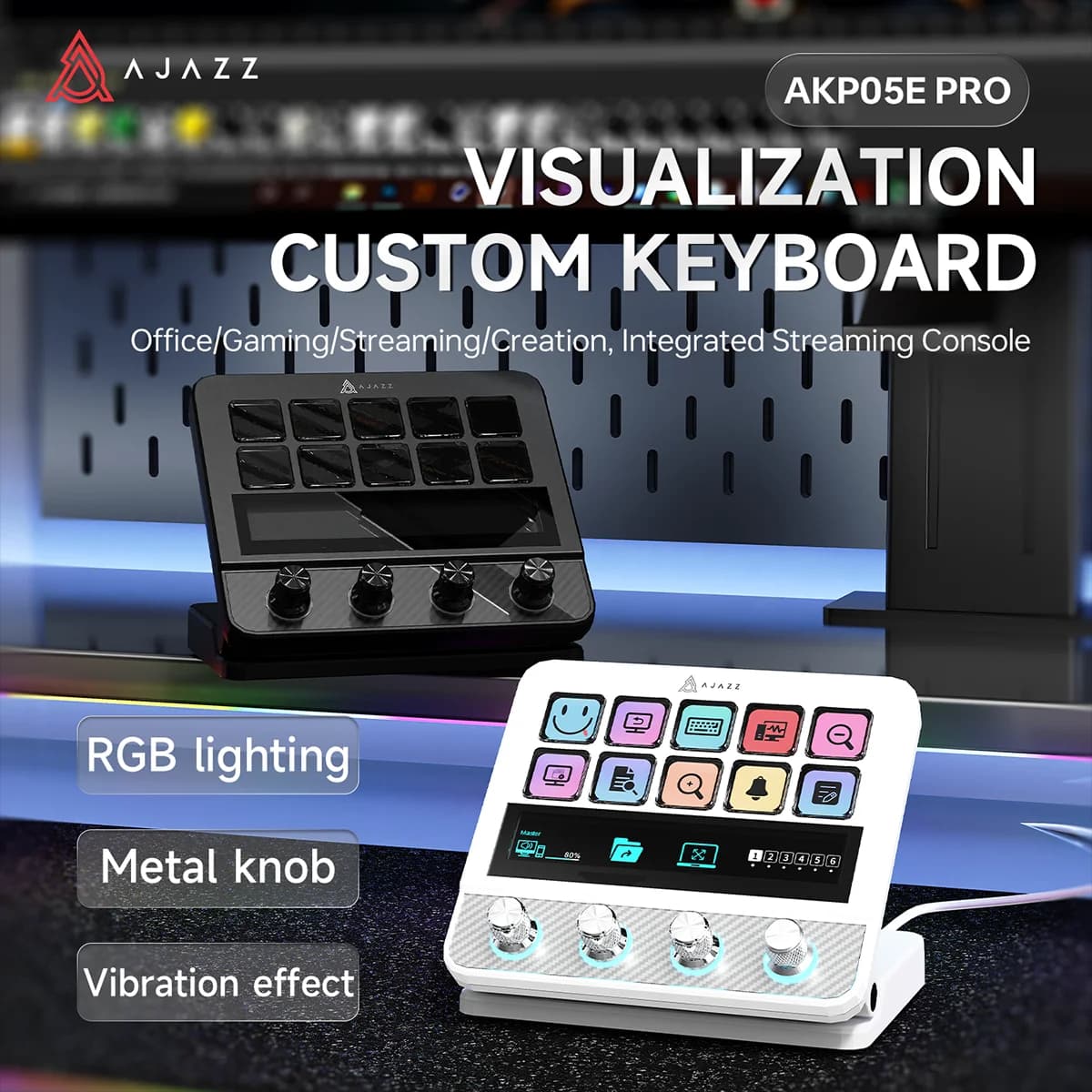 Tastiera Macro Visuale Ajazz AKP05E PRO, Assistente Desktop Multifunzione, Interfaccia con Touch Strip a 10 Tasti e Quattro Manopole, Supporto Regolabile