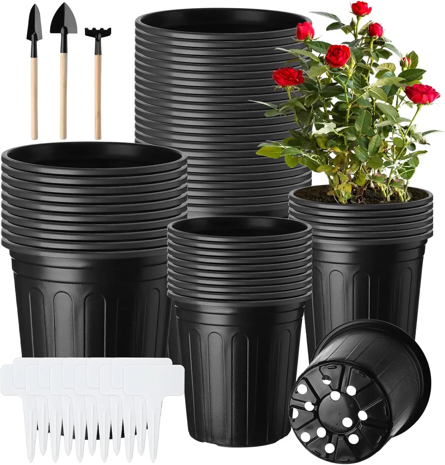 300 Pack 2 Gallon & 1 Gallon Flexible Plastic Nursery Pots with Drainage Holes, Labels, and Tools - Bulk Flower Seed Starting Containers for Seedlings, Cuttings, Succulents, Outdoor Trees, and Plant Trade