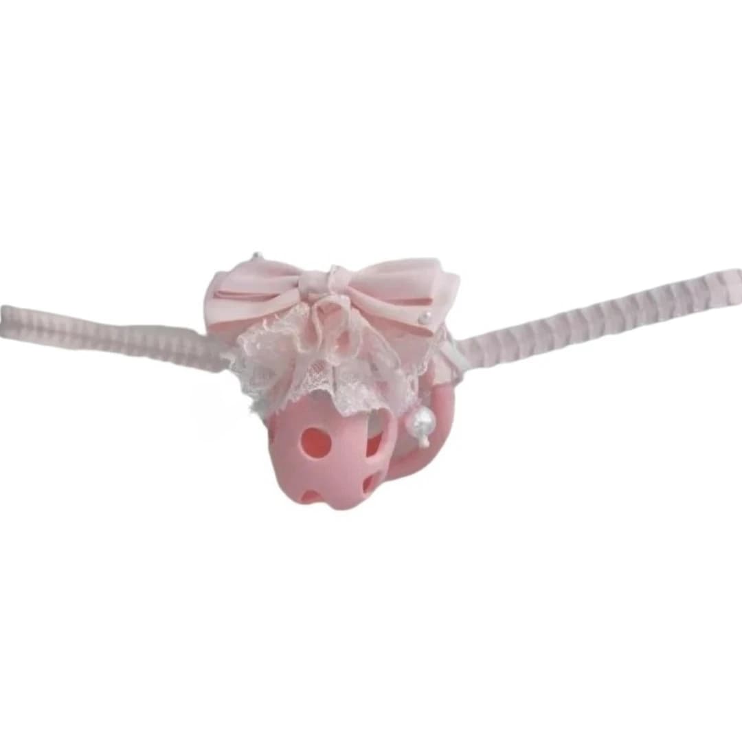 Cintura di Castità Elastica in Pizzo Rosa con Fiocco per Gabbia di Castità, Gioco per Adulti, Giocattoli Sessuali BDSM per Coppie, Cinghia Ausiliaria per Gabbia a Forma di Uccello