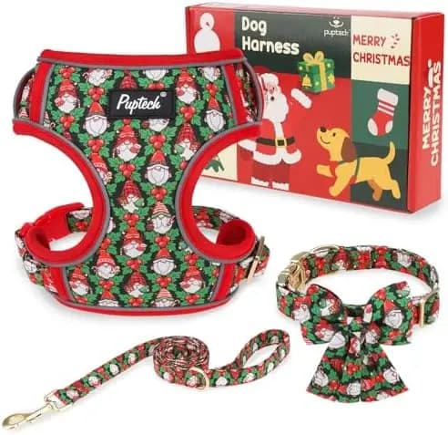 Comoda pettorina natalizia per cani e gatti, design morbido rosso-verde, regolabile, include confezione regalo.