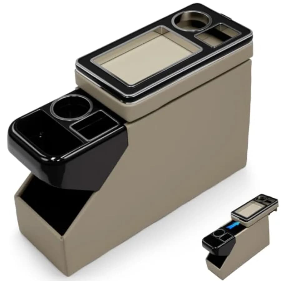 Center Console Between Seat Organizer for Minivans and SUVs: Beige Fabric with Key Holder, Dual Cup Holders, and Phone Storage