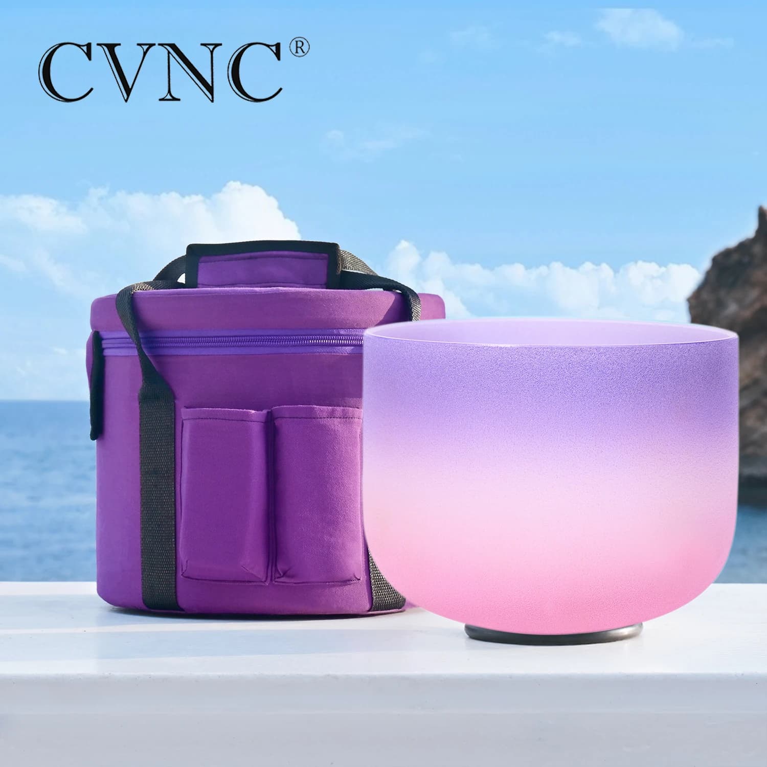 CVNC 8 Inch B Note Purple-Pink Color Frosted Crown Chakra Quartz Crystal Singing Bowl for Sound healing with Carry Bag