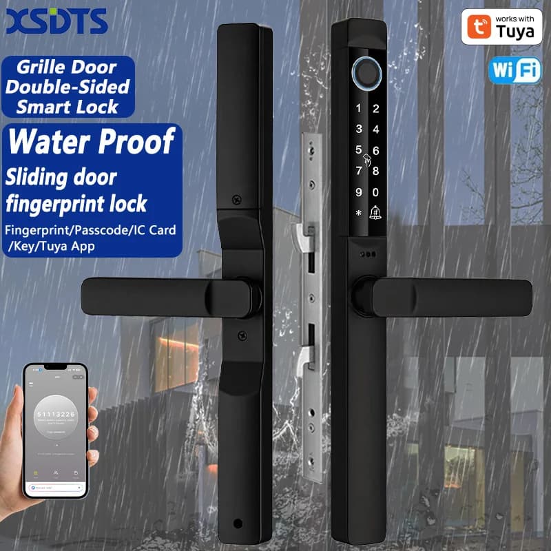 Waterproof Smart Door Lock Fingerprint Password Card Tuya App, Bridge-Cut Design For Outdoor Sliding Pull Push Grille Door