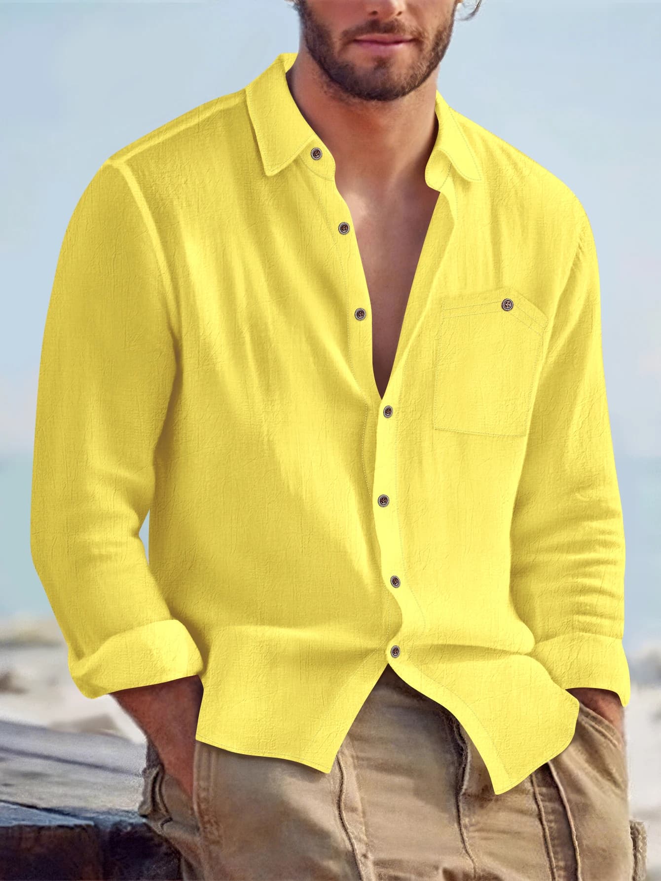 Camicia a maniche lunghe in cotone e canapa da uomo nuova autunno 2025 Camicia casual ampia con colletto tascabile