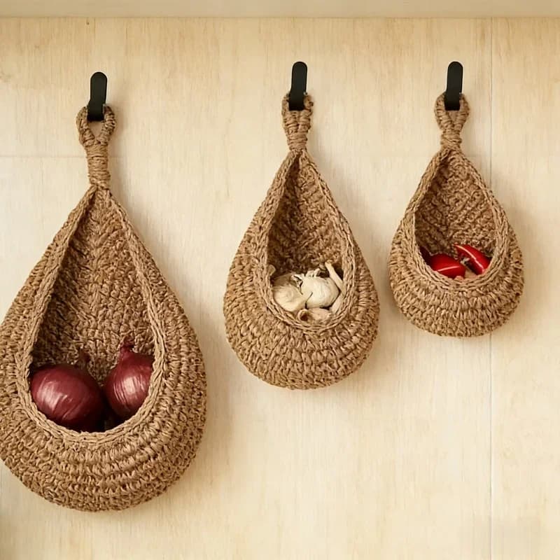 Linen Macrame Baskets 3pcs Boho Wall Hanging Storage Organizer Fruit Vegetable Onion Rack For Kitchen Home Restaurant Decor