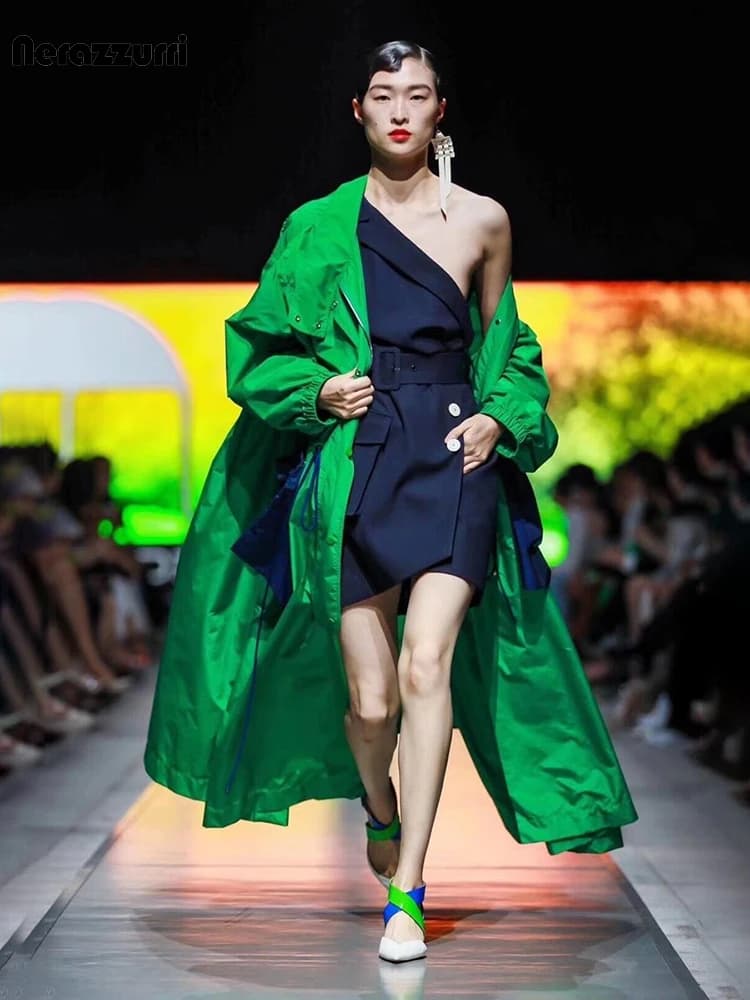 Lautaro Spring Extra Long Oversized Green and Blue Patchwork Trench Coat for Women Zipper Cool Luxury Designer Clothes 2023