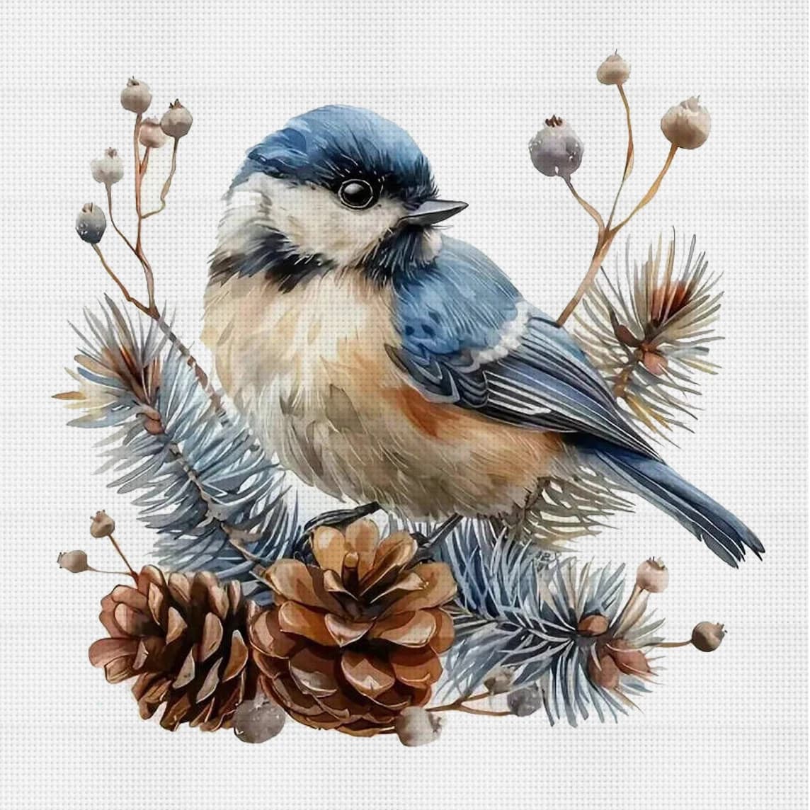 Kit Punto Croce Fai da Te 11CT Ricamo Uccelli Blu e Neve Decorazione Murale Regalo Materiale Artigianale Senza Cornice Semilavorato 36×36cm