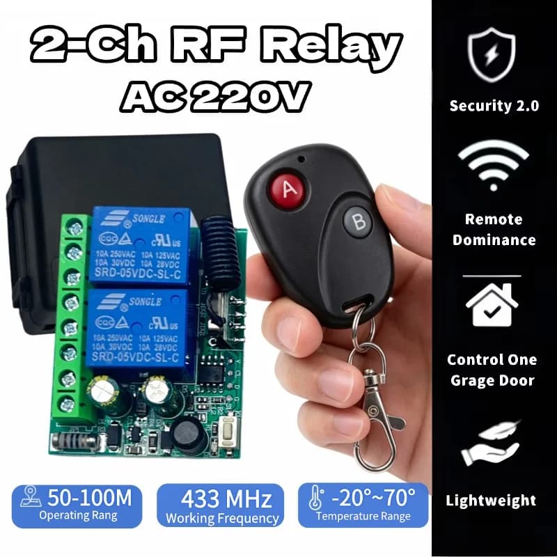 AC 220V RF433 Remote Control Switch Relay 2 Channels Multifunction Receiver Module Garage Curtain Motor Light Control