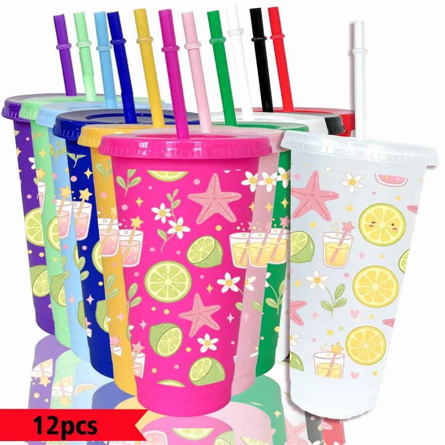 Confezione da 12 Bicchieri in Plastica Colorata da 26oz con Motivi di Stelle, Limoni e Fiori per Feste, Regali di Ritorno a Scuola e Compleanni