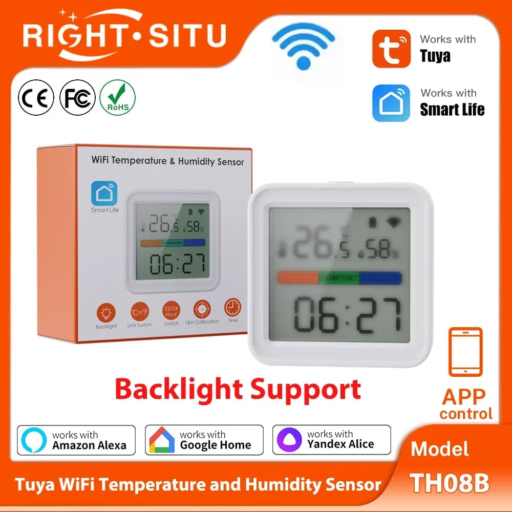 Sensore di umidità della temperatura WiFi Tuya con termometro igrometro supportato retroilluminato TH08B RightSitu Funziona con Yandex Alice
