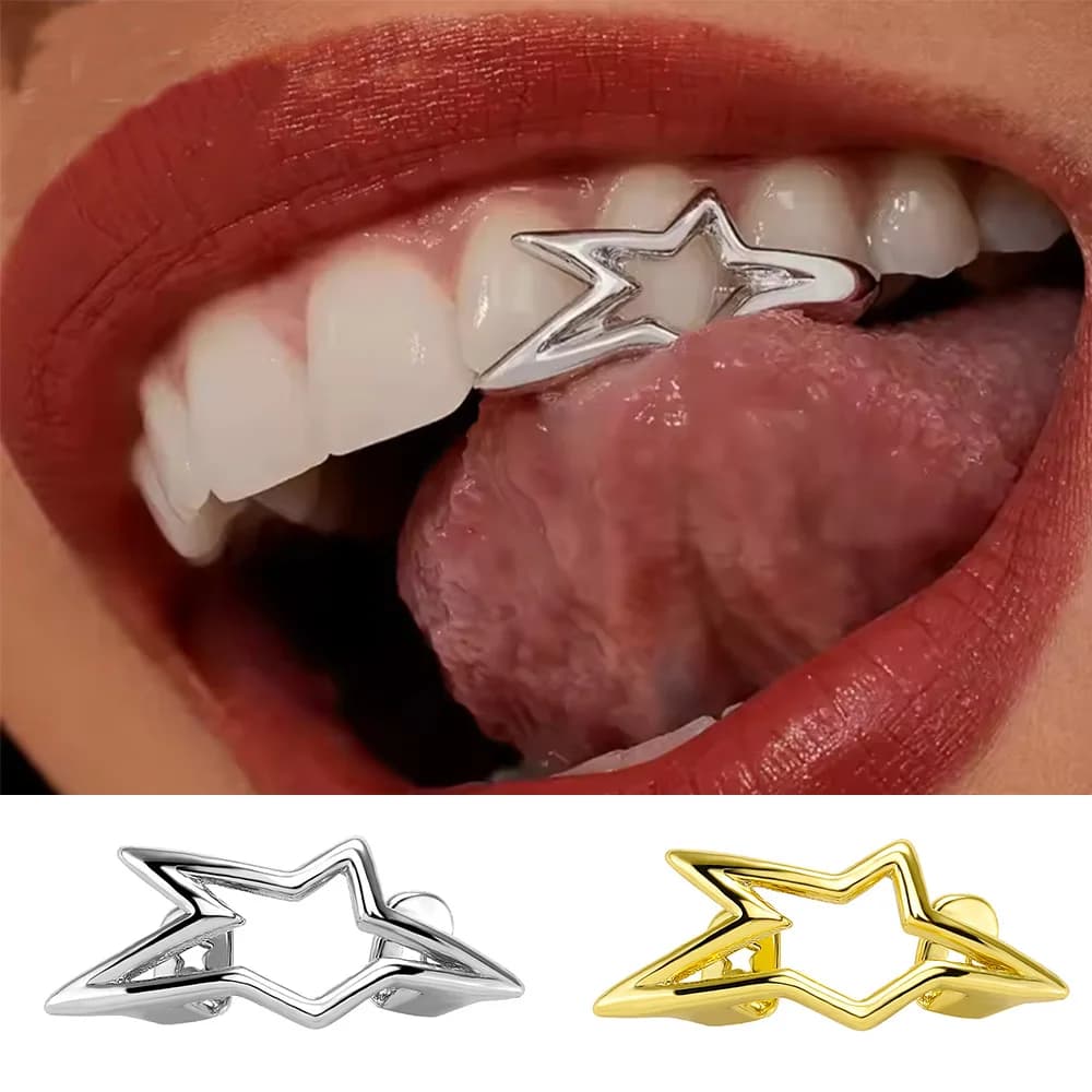 YOUNGX Cyberpunk: Grillz a Stella Irregolare Cava per Denti, Lucidi e Geometrici, Stile Y2K, per Uomo e Donna - Gioielli Natalizi