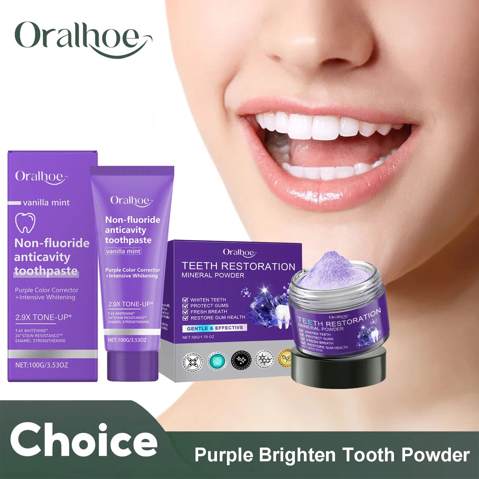 Teeth Restoration Mineral Powder Teeth Whitening Remove Stain Oral Clean Fresh Breath Improve Smell Purple Bleaching Toothpaste