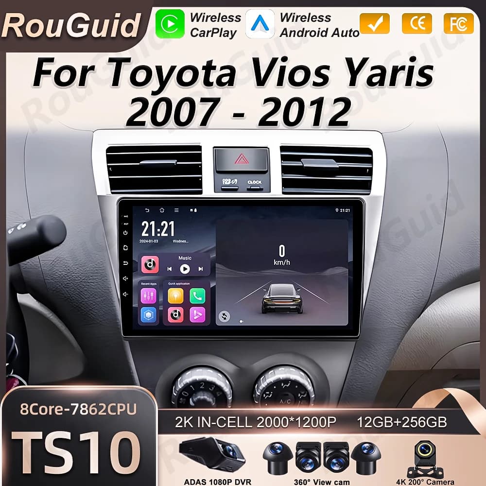 Autoradio Android 16 for Toyota Vios Yaris 2007 2008 2009 2011 2012 Multimedia Reader Video Screen Touch 2k Stereo with Wifi 5G