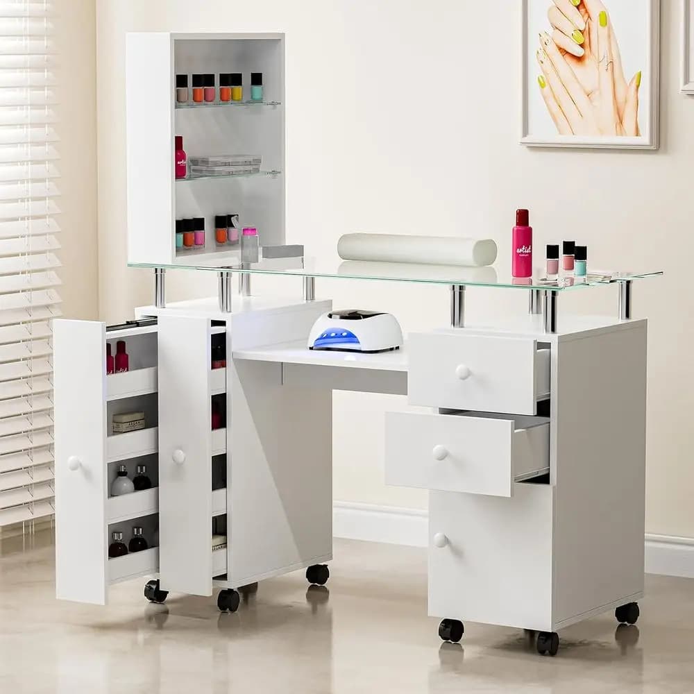 Manicure Table Nail Desk or Technician, Acetone Resistant Nail Tech Table Nail Table Station w/Glass Desktop, Wrist Cushion, 3-T