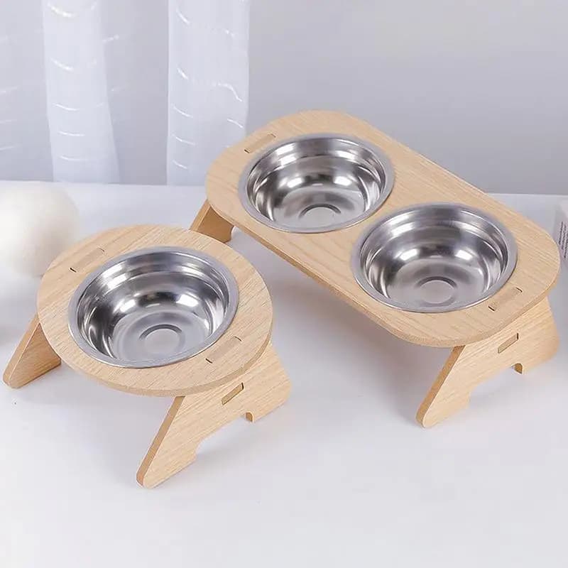 Ciotole Rialzate per Gatti, Alimentatore per Animali Domestici 15 ° Ciotole rialzate inclinate per gatti con supporto in legno, ciotole in acciaio inossidabile per gatti e cuccioli