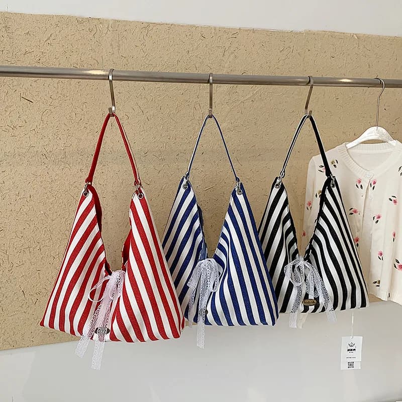 Korean Style Retro Striped Canvas Tote Bag Large Capacity Womens Shoulder Handbag Casual Commuter Bucket Shopping Bag