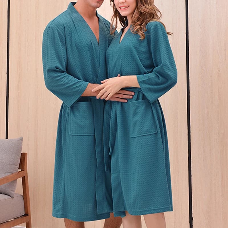 Autumn adult bathrobe canvases with V-neck pajamas dresser for men and women pair dresses long sleeve pockets night shirt