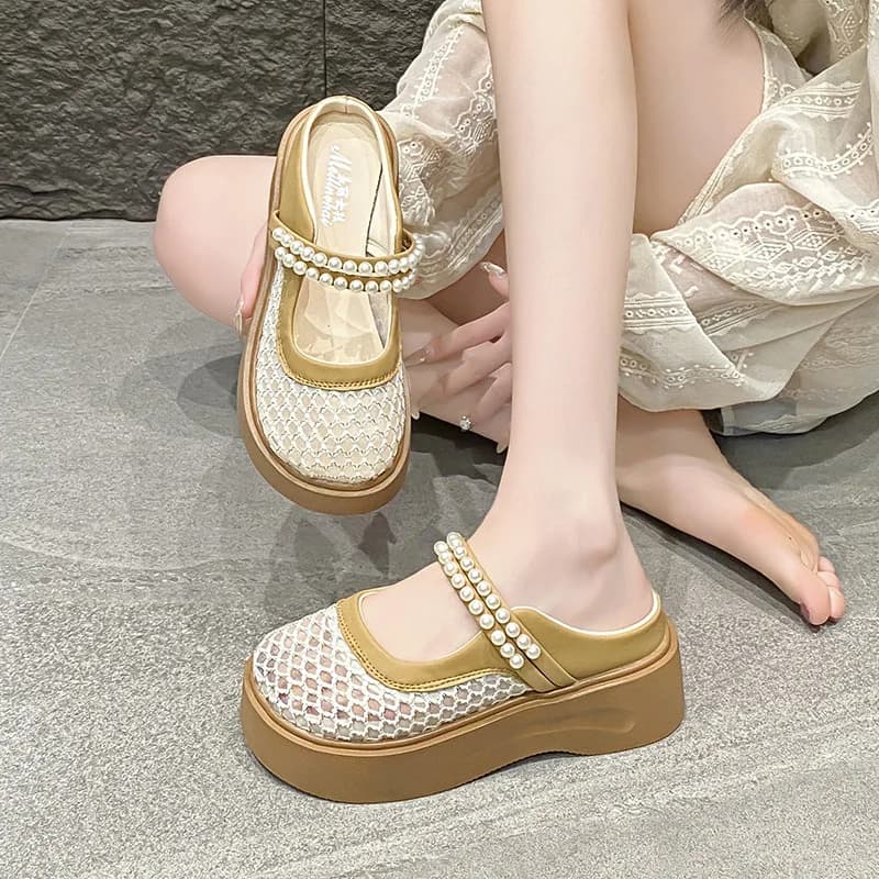 5.5CM Platform Sandals for Women Summer Footwear Fashion Pearl Bead Thick Bottom Slides Ladies Beach Slippers Sandalias De Mujer